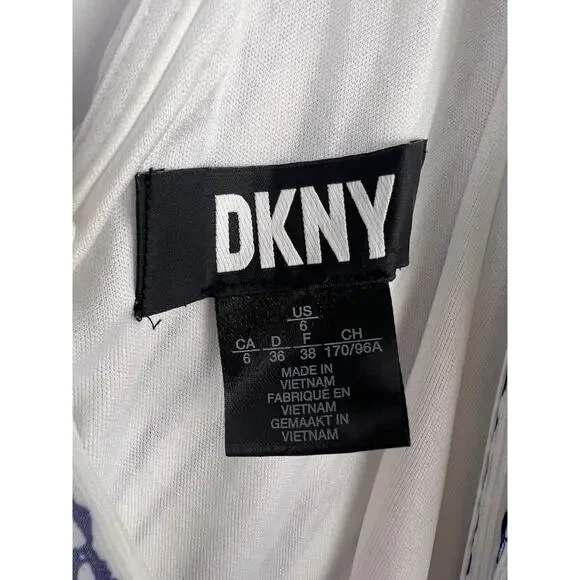 DKNY Wrap Dress, Blue White Chain Stripe, Sleeveless, Belted Asymmetrical Hem - Picture 7 of 13